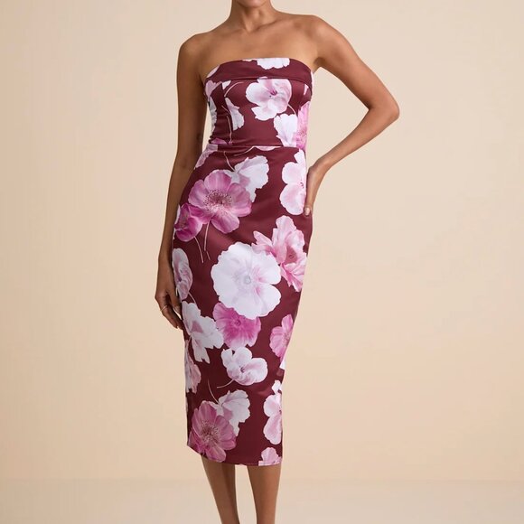 Lulus Dresses & Skirts - Lulus Spring Floral Satin Strapless Midi Dress - Size L - NWOT